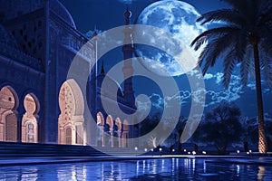 A captivating night scene showcasing a mosque with a full moon in the background, Soothing nighttime scene of a mosque under