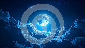 Celestial Full Moon and Glowing Clouds in a Deep Blue Night Sky