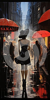 Captivating Noir Comic Art: Woman In Black With Red Umbrellas