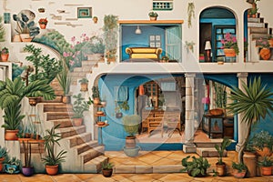 A captivating painting depicting a house adorned with vibrant potted plants in a serene setting, House Hunting Harmony