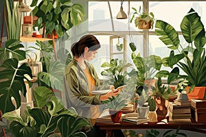 A captivating painting of a woman serenely situated in a room adorned with lush green plants, Working at home houseplant, AI