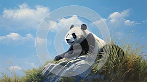 Captivating Panda Bear Sitting On Rock In Noah Bradley Style