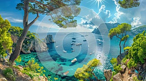 Captivating Panoramic Sea View of Capri Island with Boats, Lush Pine Trees, Azure Waters and Blue Sky