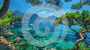 Captivating Panoramic View of Capri Island, Boats, and Azure Waters Framed by Lush Pine Trees and Blue Sky