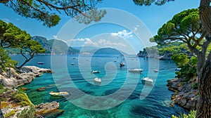 Captivating Panoramic View of Capri Island, Boats, Pine Trees, and Azure Waters under Blue Sky
