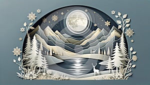 A captivating paper cut out artwork depicting a nocturnal winter landscape with layered mountains.
