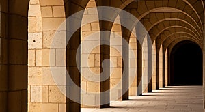 Ancient Stone Arches Corridor with Sunlight and Shadows