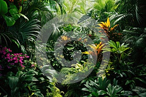 A captivating photo capturing the vibrantly green forest teeming with a variety of flourishing plants, A lush tropical jungle with