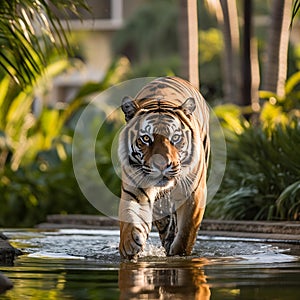 Majestic Bengal Tiger Roaming Amidst Luxurious Tropical Resort photo