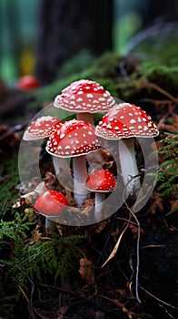 Vibrant Amanita Muscaria Mushrooms in Enchanting Forest photo