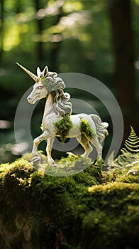 Enchanting Unicorn: A Whimsical Figurine Amidst a Lush Forest photo