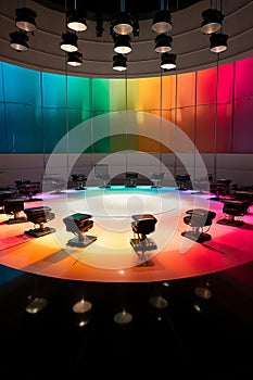 Vibrant Microphone Mosaic in Circular Debate Arena photo