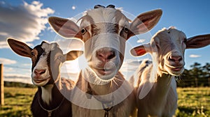 Serene Trio: Three Friendly Goats Grazing in a Grassy Field