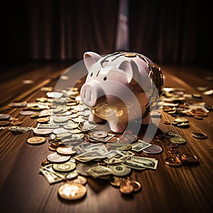 Dusks Reflection: Shattered Piggy Bank Amidst Scattered Wealth photo