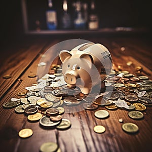 Dusks Reflection: Shattered Piggy Bank Amidst Scattered Wealth photo
