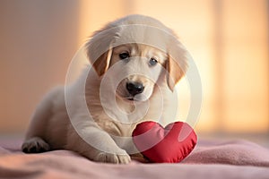 Enthusiastic Golden Retriever Puppy Playing with Heart-Shaped Toy photo