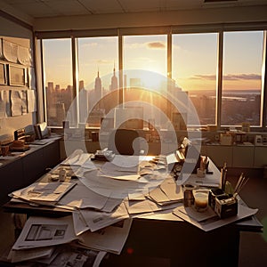 Golden Sunset Illuminates Modern Skyscrapers Empty Office photo