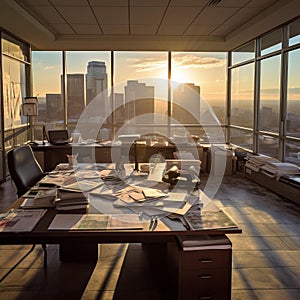 Golden Sunset Illuminates Modern Skyscrapers Empty Office photo