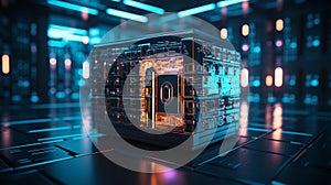 Futuristic Digital Padlock: Symbolizing Data Encryption in a High-Tech Server Room photo