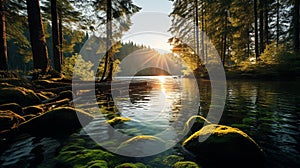Serene Sunset Reflections on Moss-Covered Rocks in Enchanting Forest photo