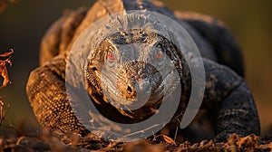 Stealthy Stalker: Komodo Dragon in Golden Hour photo