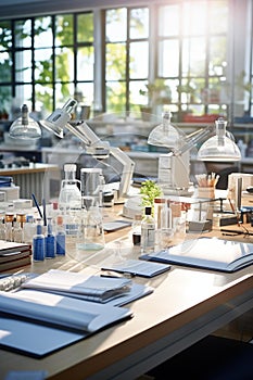 Scientific Exploration: Laboratory Table with Equipment, Books, and Journals
