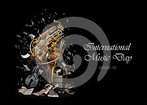 In a captivating photograph, a whirlwind of musical notes and instruments takes center stage, celebrating International Music Day