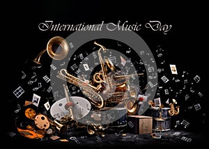 In a captivating photograph, a whirlwind of musical notes and instruments takes center stage, celebrating International Music Day