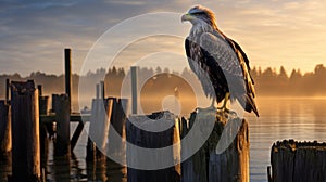 Captivating Portrait Of A Bald Eagle At Sunrise On An Old Pier