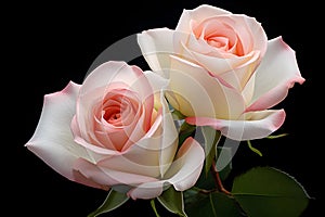 Captivating Rare Bicolor Roses Blending Soft White and Delicate Pink Petals Against a Black Background. Generative Ai