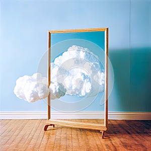white cloud in front of a mirror frame reflectinng the cloud