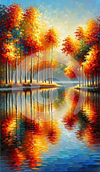 Captivating Reflections: Autumn Foliage by the Lake. Painting, landscape background