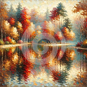 Captivating Reflections: Autumn Foliage by the Lake. Painting, landscape background