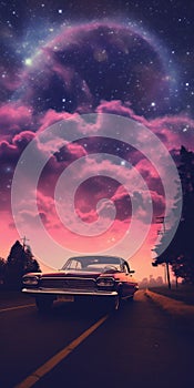 Captivating Retro Car On Road With Cosmic Sky