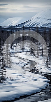 Captivating River Near Mountains: A Visual Delight In Topcor 58mm F14 Style photo