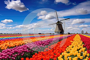 A captivating scene of a colorful field of flowers with a traditional windmill towering in the background., A rural landscape with