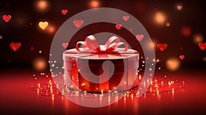 Captivating Scene. Exquisite Gift Box with Vibrant Red Ribbon Surrounded by Magical Festive Lights