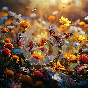 Captivating scene Harmony of butterflies and blooming flowers, natures marvel