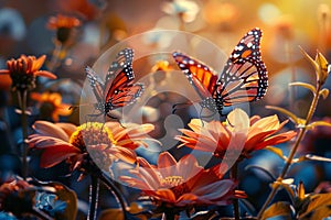 Captivating scene Harmony of butterflies and blooming flowers, natures marvel