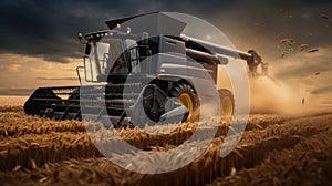 Modern Combine Harvester in Action, Harvesting Wheat from Farmer's Fields