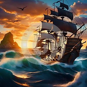 a captivating scene of a pirate ship at sea