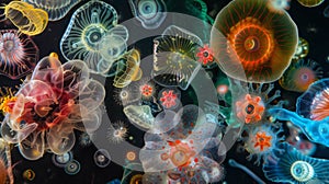 A captivating scene showcasing a colorful dance of various protozoa species each adorned with magnificent patterns and