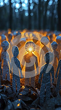 Illuminated Paper Figures in a Forest Landscape