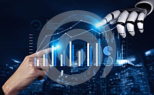 Futuristic Interaction Between Human Hand and Robotic Hand with Data Visualization and Global Concept on a Dark