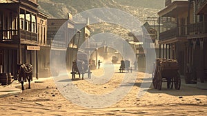 Western Town in Dusty Sunset with Horse Carriages. Resplendent. photo