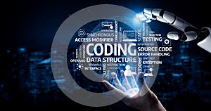 Futuristic robotic hand interacting with digital coding symbols representing technology, programming, and innovation in