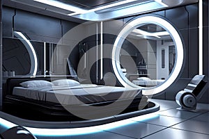 captivating sci-fi bedroom with sleek and futuristic decor, featuring circular shapes and metallic finishes