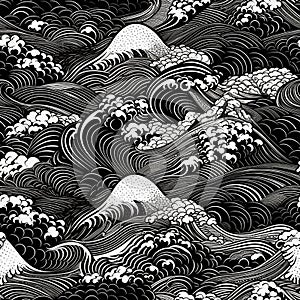 Captivating sea waves in black and white for wallpaper, textiles, or stylish modern art prints. Detailed, energetic