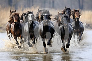 Captivating Sight. Stunning Herd of Horses Swiftly Galloping through the Scenic River Waters