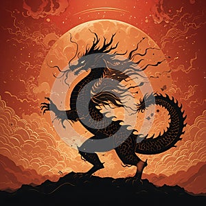 Dynamic Dragon Dance Silhouette with Red and Gold Gradient-Lunar New Year photo